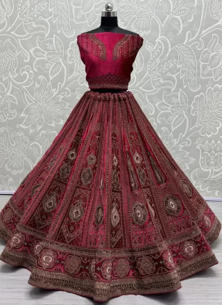 Pink and Rani Velvet Lehenga Choli with Diamond, Dori, Sequins, Thread and Velvet Patch Work