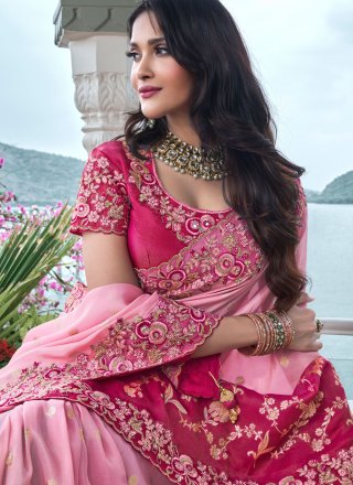 Pink and Rani Viscose Embroidered, Resham, Sequins, Stone and Zari Work Designer Saree for Ceremonial