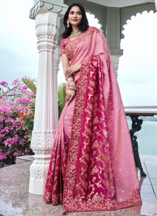 Pink and Rani Viscose Embroidered, Resham, Sequins, Stone and Zari Work Designer Saree for Ceremonial