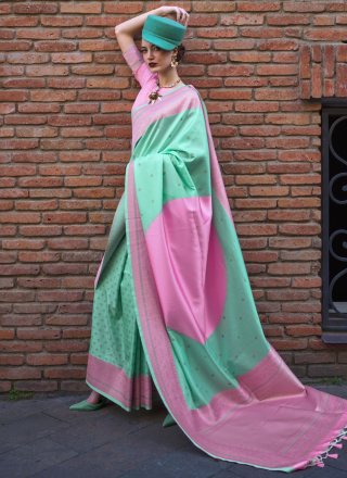 Pink and Sea Green Handloom Silk Weaving Work Trendy Saree for Women