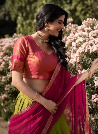Pink and Sea Green Kanchipuram Silk Lehenga Choli with Weaving and Zari Work for Ceremonial