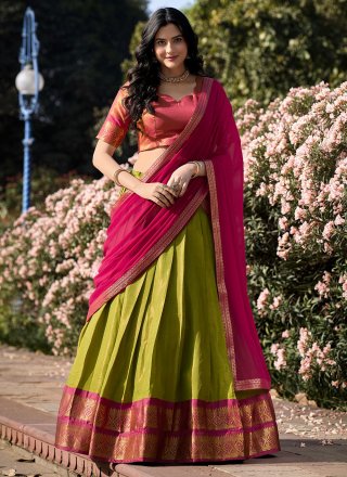 Pink and Sea Green Kanchipuram Silk Lehenga Choli with Weaving and Zari Work for Ceremonial
