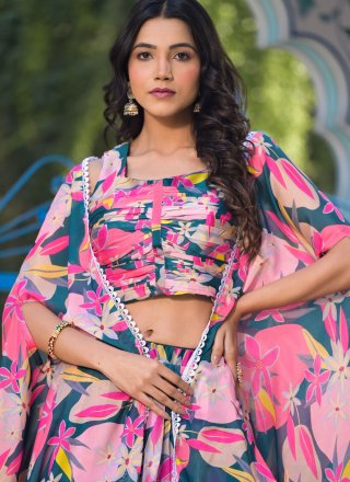 Pink and Teal Georgette Readymade Lehenga Choli with Digital Print Work for Ceremonial