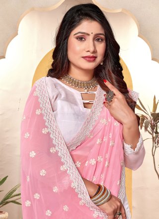 Pink and White Georgette Embroidered and Resham Work Classic Saree for Women