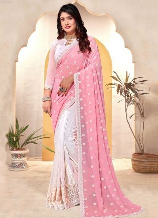 Pink and White Georgette Embroidered and Resham Work Classic Saree for Women