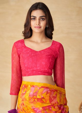 Pink and Yellow Chiffon Print Work Casual Saree for Women