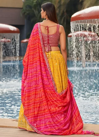 Pink and Yellow Digital Print, Embroidered, Sequins and Zari Work Georgette A - Line Lehenga Choli