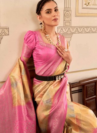 Pink and Yellow Fancy Work Nylon Classic Sari