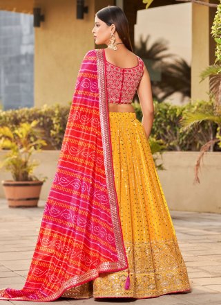 Pink and Yellow Georgette A - Line Lehenga Choli with Digital Print, Dori, Embroidered, Mirror, Sequins and Zari Work for Ceremonial