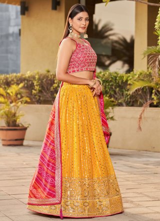 Pink and Yellow Georgette A - Line Lehenga Choli with Digital Print, Dori, Embroidered, Mirror, Sequins and Zari Work for Ceremonial
