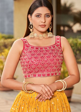 Pink and Yellow Georgette A - Line Lehenga Choli with Digital Print, Dori, Embroidered, Mirror, Sequins and Zari Work for Ceremonial