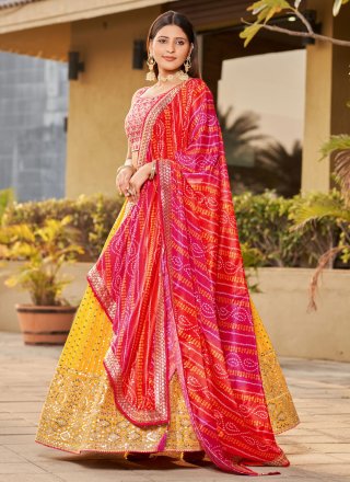 Pink and Yellow Georgette A - Line Lehenga Choli with Digital Print, Dori, Embroidered, Mirror, Sequins and Zari Work for Ceremonial