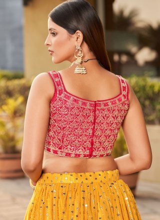 Pink and Yellow Georgette A - Line Lehenga Choli with Digital Print, Dori, Embroidered, Mirror, Sequins and Zari Work for Ceremonial