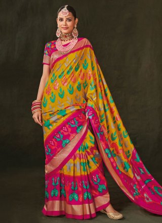 Pink and Yellow Silk Foil Print Work Trendy Saree for Ceremonial