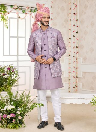 Pink Art Banarasi Silk Machine Embroidery Work Kurta Payjama with Jacket