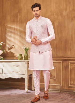 Pink Art Silk Kurta Payjama with Jacket with Embroidered Work for Men