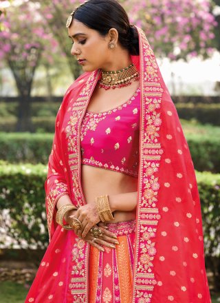Pink Banarasi Silk Embroidered, Sequins and Weaving Work A - Line Lehenga Choli