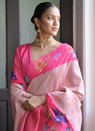Pink Banarasi Silk Floral Patch Work Classic Saree for Ceremonial