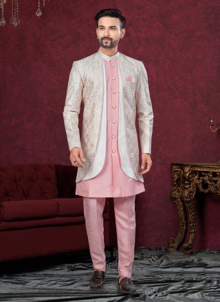 Pink Banarasi Silk Machine Embroidery and Thread Work Sherwani Mens Wear for Men