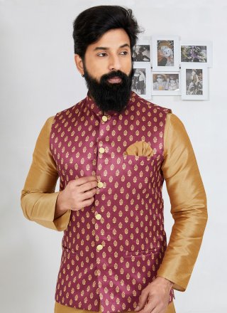 Pink Banarasi Silk Nehru Jackets with Print Work for Ceremonial