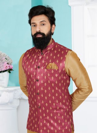 Pink Banarasi Silk Nehru Jackets with Print Work for Men