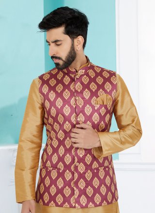 Pink Banarasi Silk Print Work Nehru Jackets for Men