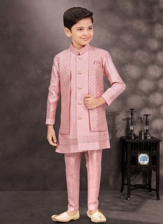 Pink Banarasi Silk Sherwani Kids Wear with Machine Embroidery and Thread Work for Kid