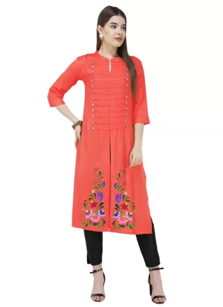 Pink Blended Cotton Embroidered Work Casual Kurti