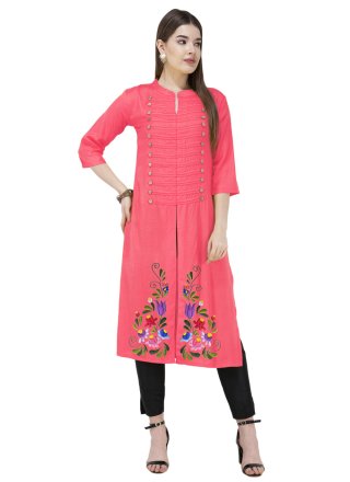 Pink Blended Cotton Embroidered Work Designer Kurti for Women