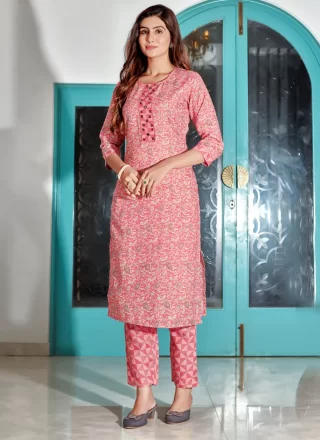 Pink Blended Cotton Party Wear Kurti with Foil Print Work for Casual