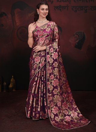 Pink Brasso Trendy Saree with Diamond and Floral Patch Work for Women