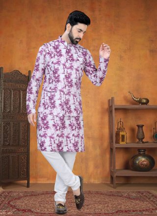 Pink Chanderi Cotton Print Work Kurta Payjama with Jacket for Ceremonial