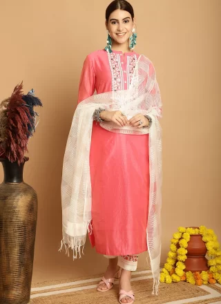 Pink Chanderi Embroidered Work Trendy Suit