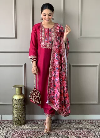 Pink Chanderi Pant Style Suit with Embroidered and Print Work