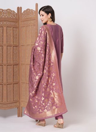 Pink Chanderi Pant Style Suit with Embroidered and Woven Work