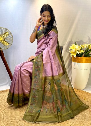 Pink Chanderi Silk Trendy Saree with Patch Border and Print Work
