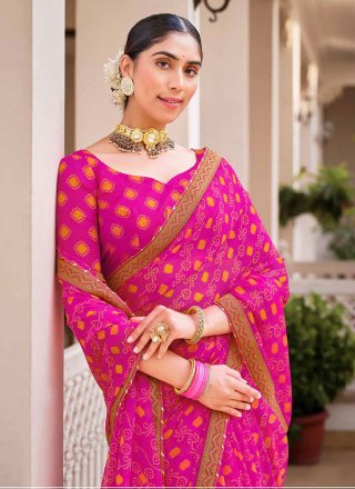 Pink Chiffon Designer Sari with Print Work for Ceremonial