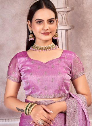 Pink Chiffon Embroidered and Swarovski Work Classic Saree for Festival