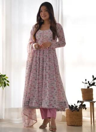 Pink Chiffon Floral Patch Work Readymade Salwar Suit for Women