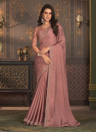 Pink Chiffon Patch Border and Embroidered Work Classic Saree
