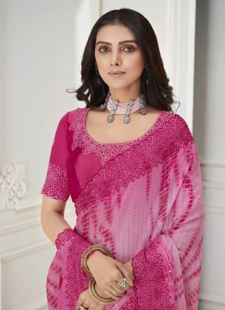 Pink Chiffon Patch Border, Embroidered and Sequins Work Trendy Saree for Party