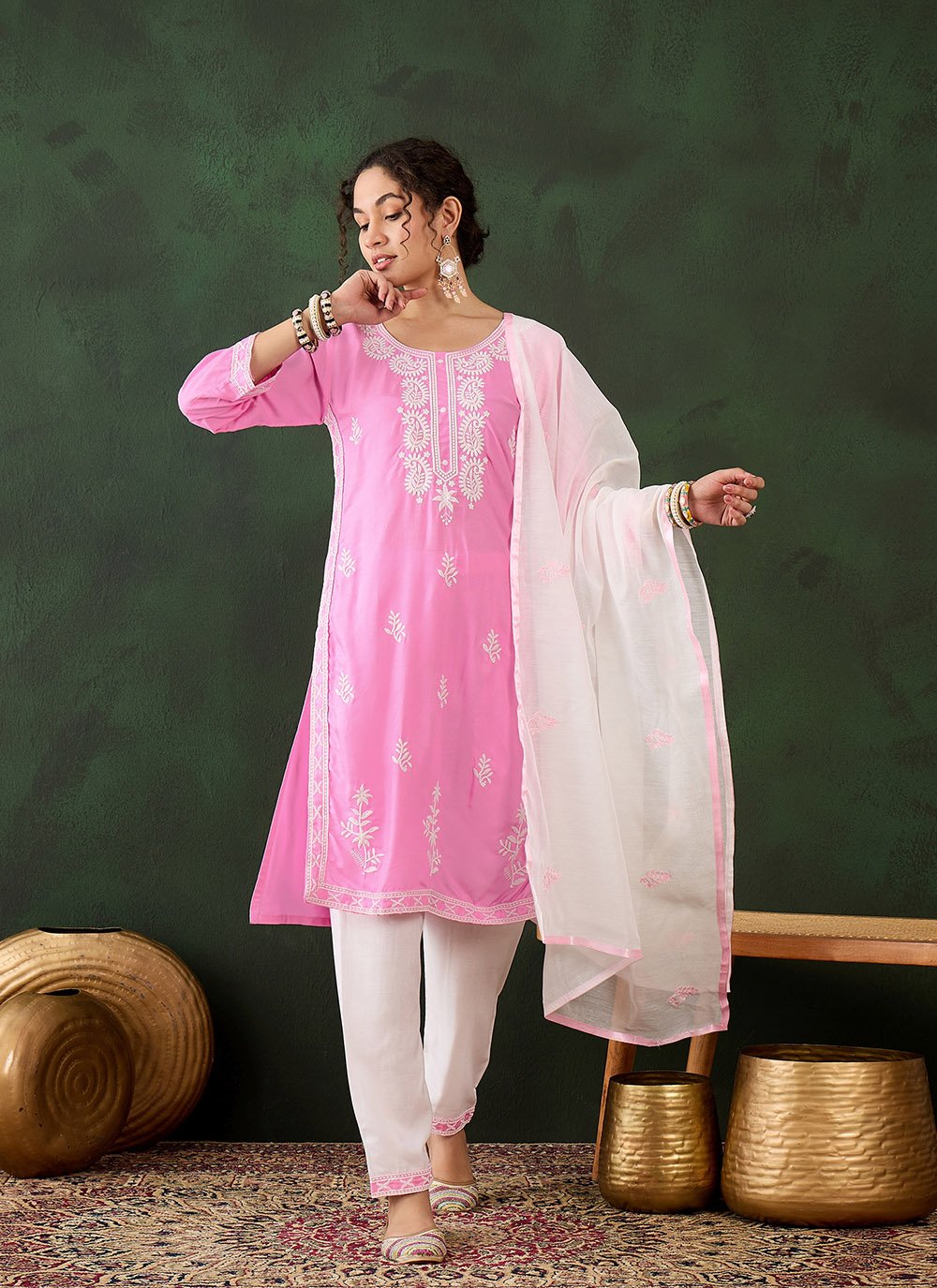 Buy Online Pink Chikankari and Embroidered Work Rayon Pant Style Suit 297599