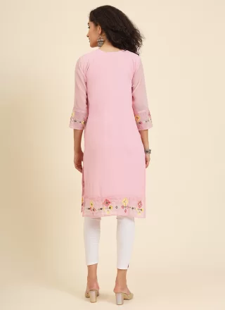 Pink Chikankari, Embroidered and Lucknowi Work Work Georgette Casual Kurti