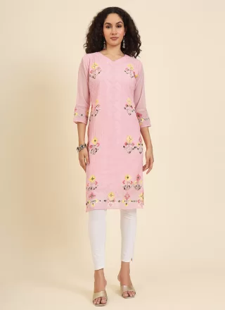 Pink Chikankari, Embroidered and Lucknowi Work Work Georgette Casual Kurti