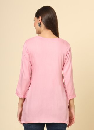 Pink Chikankari, Embroidered and Lucknowi Work Work Rayon Casual Kurti