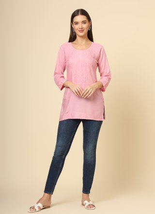 Pink Chikankari, Embroidered and Lucknowi Work Work Rayon Casual Kurti