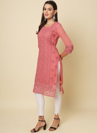 Pink Chikankari Work Georgette Casual Kurti