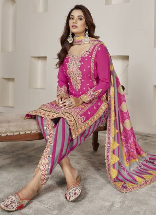 Pink Chinon Embroidered and Mirror Work Salwar Suit