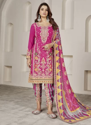 Pink Chinon Embroidered and Mirror Work Salwar Suit