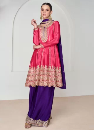 Pink Chinon Embroidered and Sequins Work Readymade Salwar Suit for Ceremonial